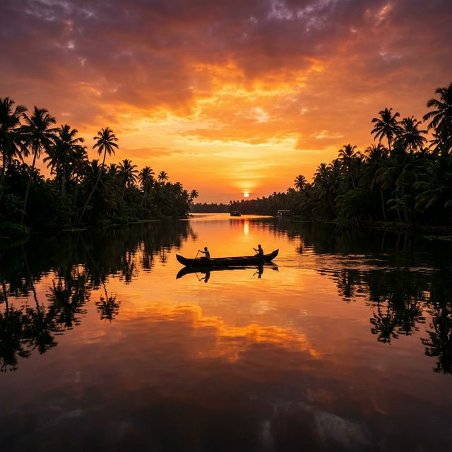 Sunset canoe ride over Ashtamudi Lake backwaters near Munroe Island Kerala